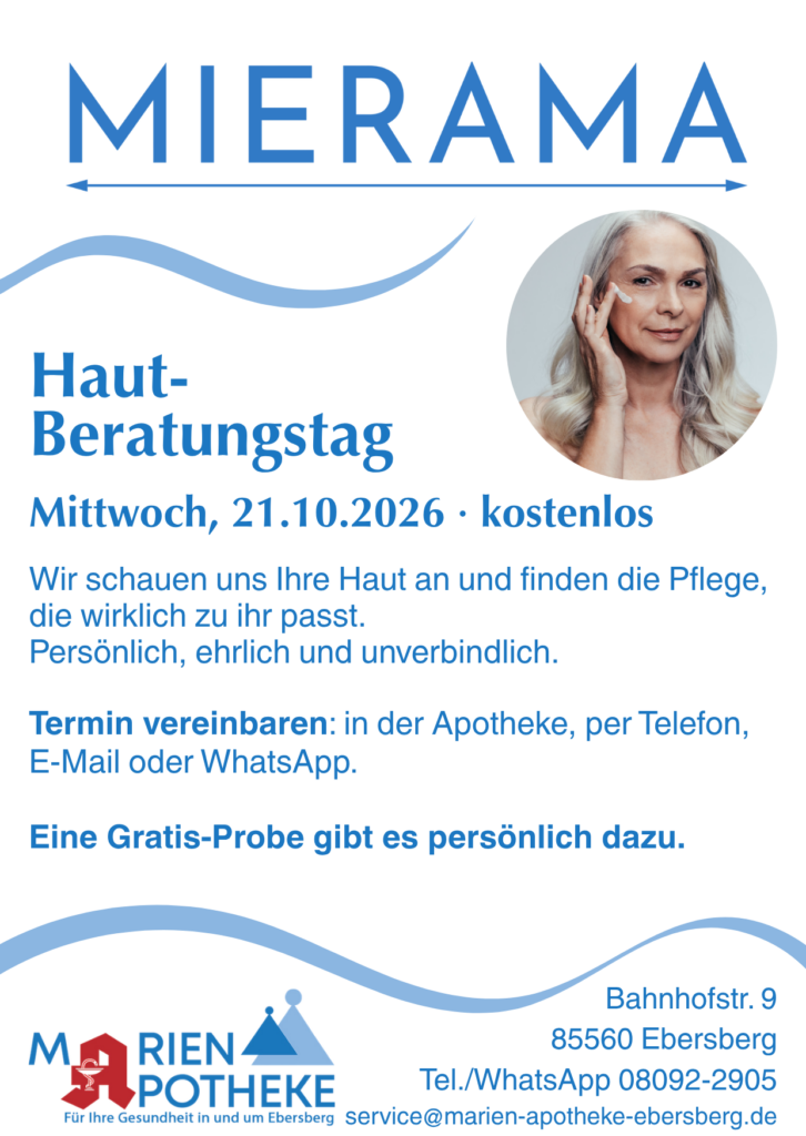 Hautberatungstag am 21.10. in der Marien-Apotheke Ebersberg: kostenlose Hautanalyse und individuelle Beratung